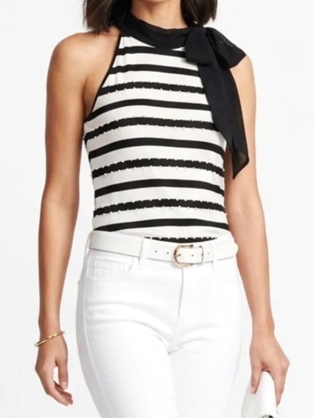 White House Black Market Striped Beaded Tie Neck Top size S